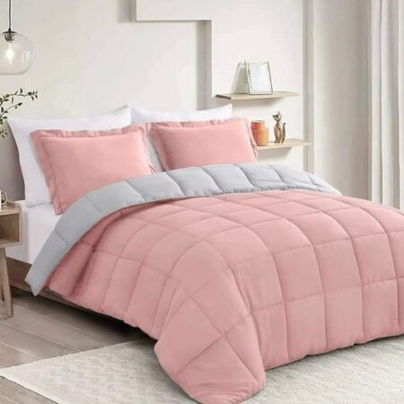 Reversible Bedding Set 4 by 6/ 6 by 6/ 6 by 7/ 7 by 7 Sizes Pink & Light Grey Super Soft Breathable Fabric Duvet + 2/4 Pillowcases and 1 Bedsheet Set