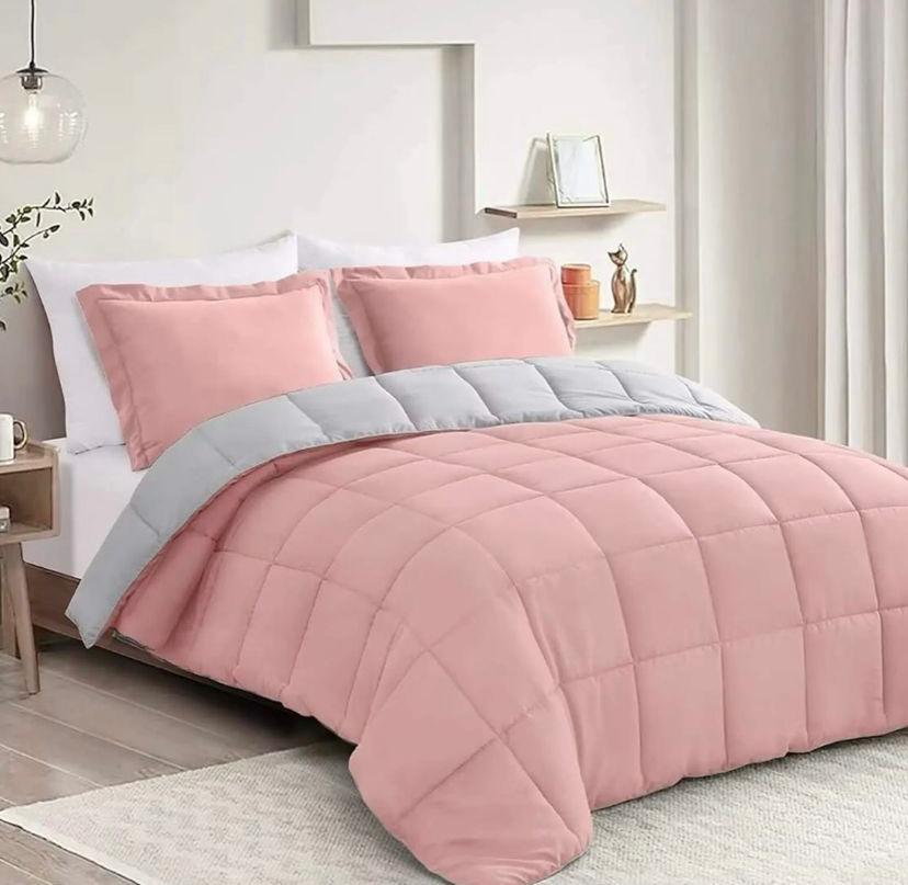 Reversible Bedding Set 4 by 6/ 6 by 6/ 6 by 7/ 7 by 7 Sizes Pink & Light Grey Super Soft Breathable Fabric Duvet + 2/4 Pillowcases and 1 Bedsheet Set
