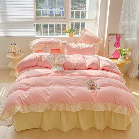 Luxurious Premium Pink Ruffle Lace Duvet Cover Set - Ultra Soft and Breathable 100% Pure Cotton 5/7 Pcs 1 Double Padded Duvet, 1 Duvet Cover, 1 Bedspread, 2/4 Matching Pillowcases Set in 4by6/ 6by6/ 6by7/ 7by7 Sizes