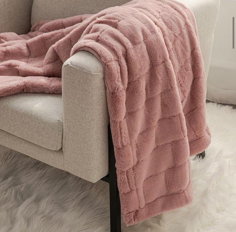 Pink Striped Faux Fur Throw Blanket - Super Lush, Body Friendly, Fluffy Warm, Body Friendly Comfortable Blanket for Bed, Couch, Sofa