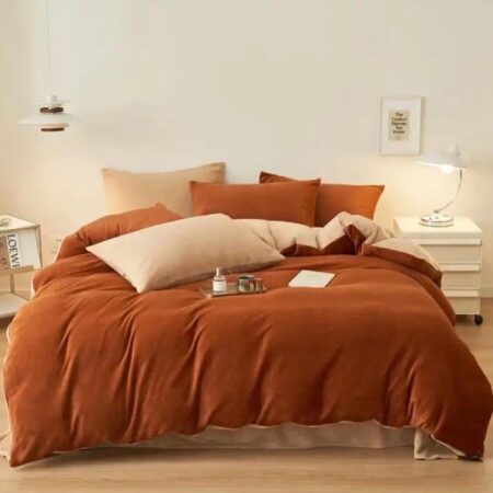 Reversible Duvet Set -High Quality Fabric, Durable and Comfortable, Doesn't Shred nor Fade Matching Pillowcases and Bedsheet Set (4 by 6, 6 by 6, 6 by 7, 7 by 7) Pumpkin/Beige