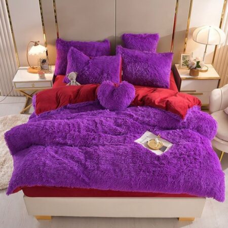 Purple Faux Fur Duvet Set 4 by 6, 6 by 6, 6 by 7, 7 by 7 Sizes, Fluffy Faux Fur Lush and Ultra Soft Purple 1 Duvet +1 Bedspread and 2/4 Pillowcases Set
