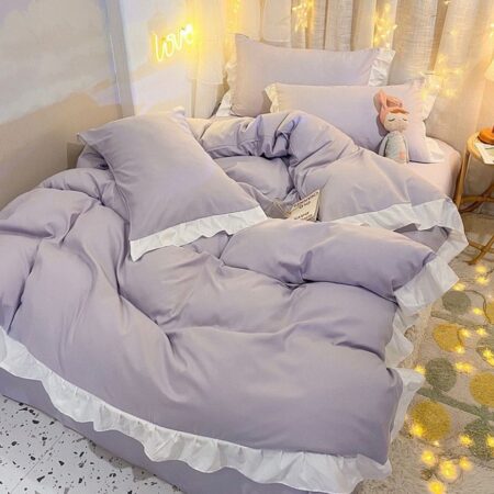 Purple Ruffles Duvet and Duvet Cover Set - High Quality Super Soft and Breathable Polish Cotton Ruffles Bedding Set, 5-7 Piece 1 Double Padded Thick Duvet, 1 Duvet Cover, 1 Bedspread and 2/4 Matching Pillowcases Set (4 by 6/ 6 by 6/ 6 by 7/ 7 by 7 Sizes)