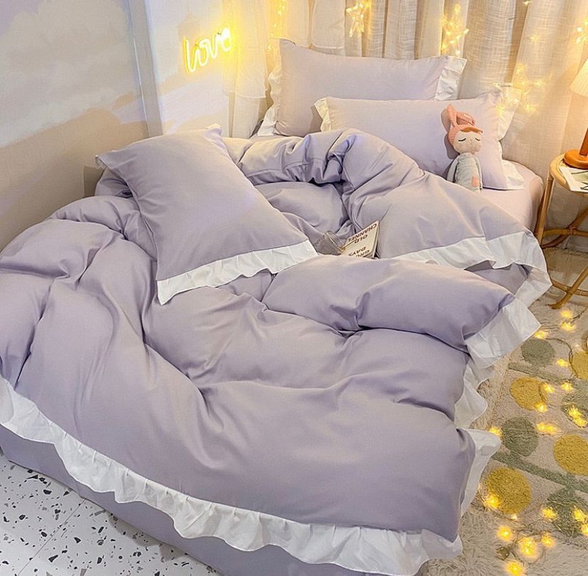 Purple Ruffles Duvet and Duvet Cover Set - High Quality Super Soft and Breathable Polish Cotton Ruffles Bedding Set, 5-7 Piece 1 Double Padded Thick Duvet, 1 Duvet Cover, 1 Bedspread and 2/4 Matching Pillowcases Set (4 by 6/ 6 by 6/ 6 by 7/ 7 by 7 Sizes)