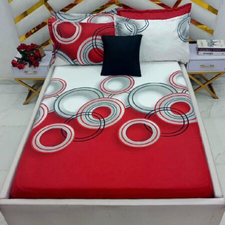 Elegant Red and White Circle Pattern Cotton 4 by 6 Bedsheet Set, Fade and Shred Resistant Bedsheet Set, Soft and Skin Friendly Bedsheet Set + 2 Pillowcases Set