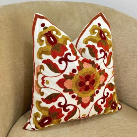 Embroidered Bohemian Red Cotton Throw Pillow, 18x 18 (45cmx45cm) Bohemian Decorative Throw Pillow and Insert for Bedroom, Living Room, Car, Office, Ideal Gift
