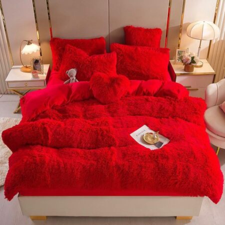 Red Fluffy Faux Fur Duvet Complete Set- Super Soft Comfortable and Breathable Duvet +Bedspread and Matching Pillowcases (Sizes: 4 by 6, 6 by 6, 6 by 7, 7 by 7)