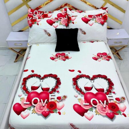 Premium Quality Soft 5Pcs Printed 7 By 7 King Bedsheet Set, White and Red Heart Printed Cotton Bedsheet with Pillowcases Set
