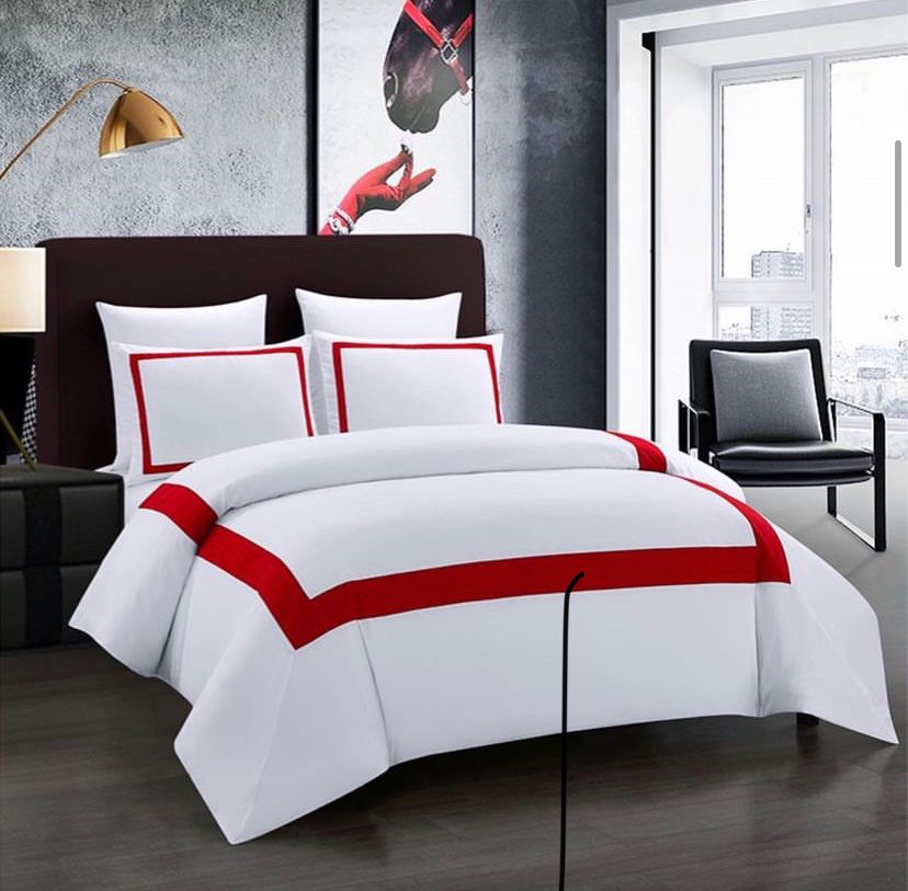 Red/White Executive Double Padded Duvet Set-High Quality Easy Care Duvet, Duvet Cover, Matching Pillowcases and Bedsheet (4 by 6, 6 by 6, 6 by 7, 7 by 7)
