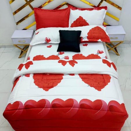 6 Piece Red Love Pattern Duvet Set, 7 by 7 King Cute and Beautiful Love Printed Duvet Set, Comfortable and Skin-Friendly Quilted Duvet with 1 Bedsheet, 4 Pillowcases Set