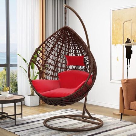 Red Egg Hanging Swing Chair Breathable and Harmless Indoor and Outdoor use with Cushion and Stand Rattan Hammack Net Swing Chair for Reading, Relaxing Playing