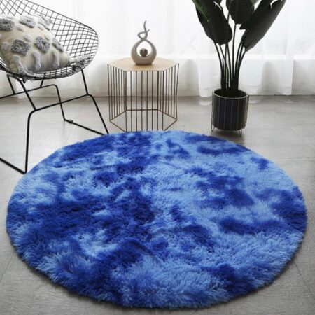 Royal Blue Tie Dye Plush Shaggy Round Area Rug, Super Soft Circular Faux Fur Carpet for Bedroom, Living Room, Home Decor
