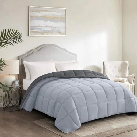 Reversible Bedding Set, 4 by 6, 6 by 6, 6 by 7, 7 by 7 Sizes Sky Blue and Dark Grey Super Soft Breathable Fabric 4/6 Piece Reversible Duvet +Pillowcases and Bedsheet Set