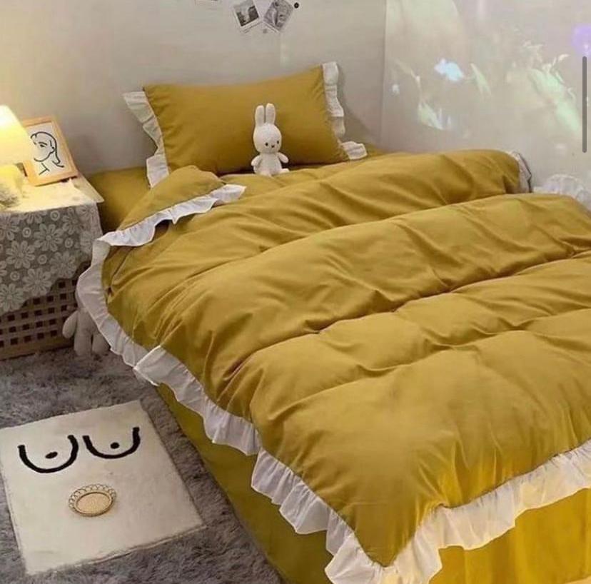 Ultra Soft Ruffles Duvet Cover Set, High Quality Polish Cotton Ruffles Shirt Bedding Set, 5-7 Pieces 1 Duvet Cover, 1 Double Padded Thick Duvet, 1 Bedspread and 2/4 Matching Pillowcases, (Sizes: 4 by 6/ 6 by 6/ 6 by 7/ 7 by 7, Yellow))