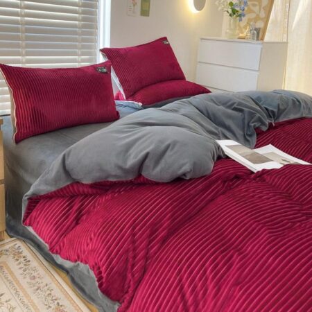 Coral Duvet Cover Velvet Thick Warm Flannel Complete Duvet Set, 5-7 Pieces Red Stripe Duvet with Duvet Cover Bedspread and Matching Pillowcases Set (4 by 6, 6 by 6, 6 by 7, 7 by 7)