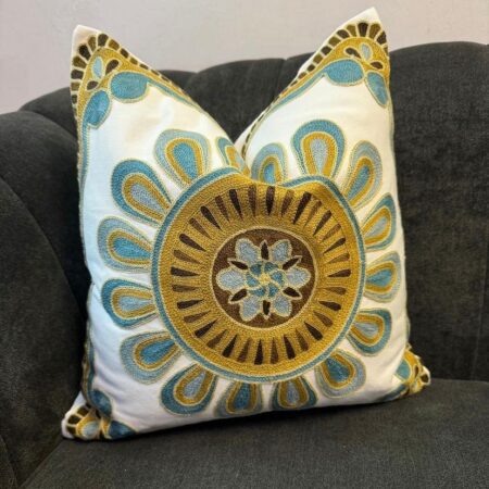 Embroidered Bohemian Decorative Throw Pillow and Insert 18x 18 Inch Blue Jacquard Throw Pillow for Housewarming, Car, Couch, Sofa, Home Decor