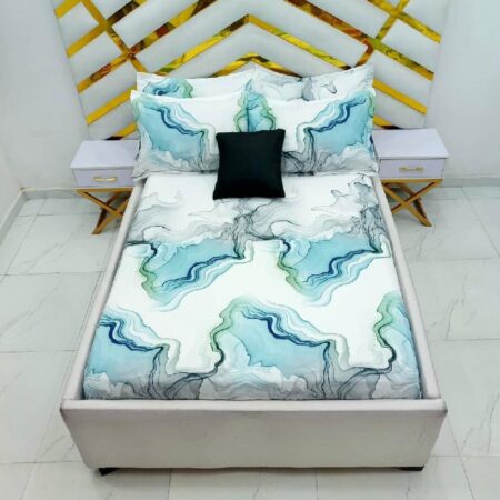 Teal Marble Printed Patterned 4 by 6 Bedsheet Set, Teal and White Marble Print Cotton Bedsheet Set, Soft and Skin Friendly Patterned Bedsheet with 2 Pillowcases Set