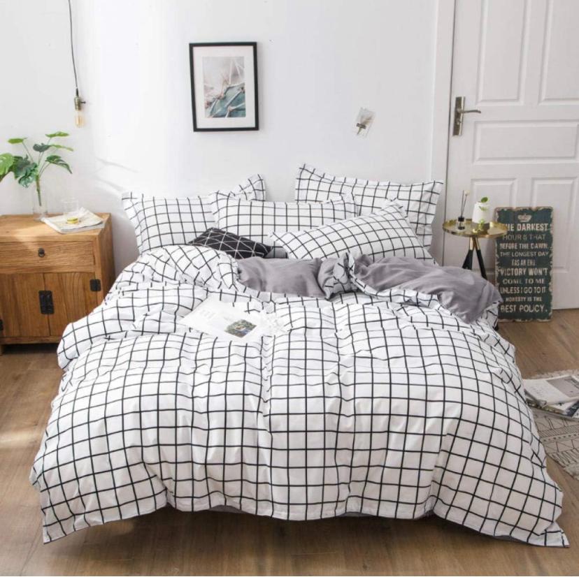 White and Grey Bedding Set, %100 Soft and Breathable Cotton White and Grey Grid Duvet Set With Pillowcases and Bedsheet Set ( Sizes: 4 by 6, 6 by 6, 6 by 7, 7 by 7) - Image 2