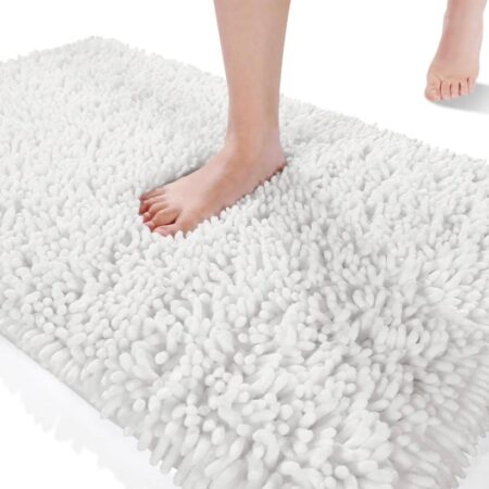 Shiny Chenille Soft and Shaggy Bath Rug - Premium Non-Slip Bath Mat, Super Absorbent and Thick (50 x 80cm) White