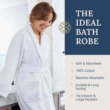 Machine Washable Soft Absorbent Bathrobe - Tie Closure Bathrobe Ideal Home, Shortlet, Spa, Hotel, Perfect Gift White