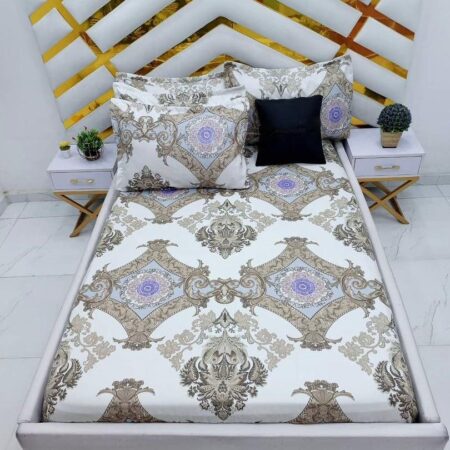 Teal Damask Pattern Printed Cotton 4 by 6 7 by 7 Full King Bedsheet Set, 3/5 Piece Durable and Soft Fabric Floral Bedsheet with 2/4 Pillowcases Full King Set