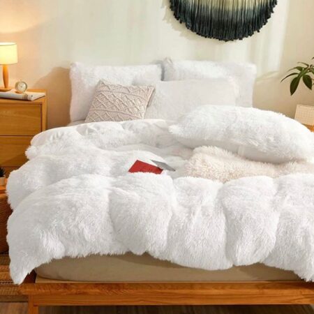 Fluffy White Faux Fur Bedding Set 4 by 6, 6 by 6, 6 by 7, 7 by 7 Sizes, Ultra Soft and Lush Fur Bedding Set, Luxury Plush Duvet + Bedsheet and Matching Pillowcases Set