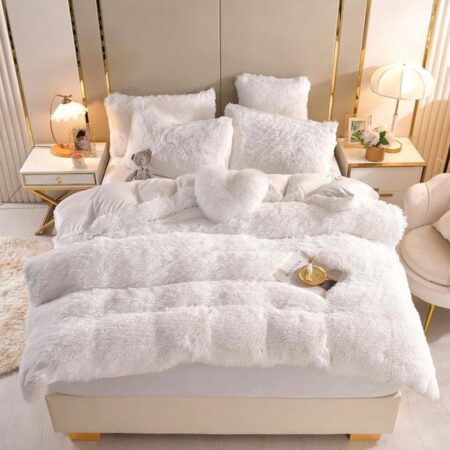 White Fluffy Faux Fur Duvet Complete Set- Super Soft and Lush Duvet +Bedspread and Matching Pillowcases Included (4 by 6, 6 by 6, 6 by 7, 7 by 7)
