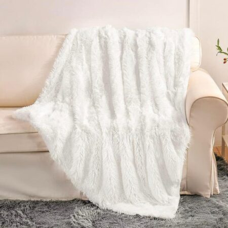 Ultra Soft Fuzzy Faux Fur Throw Blanket - Fluffy and Comfy Decorative Blanket for Couch Sofa Bed White