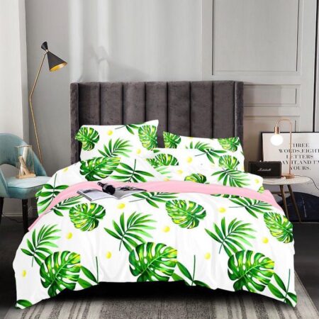 Stunning White & Green Fern Design Duvet set,(4 pillowcases and Bedsheet)