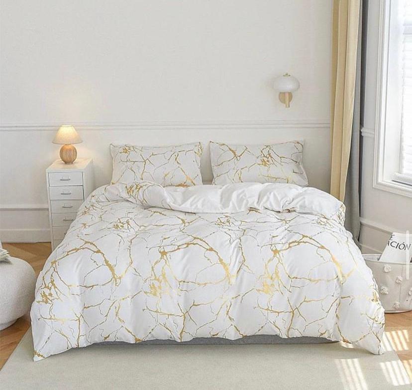 Marble White Duvet with Bedsheet and Pillowcases set, 4 by 6, 6 by 6, 6 by 7, 7 by 7 Sizes