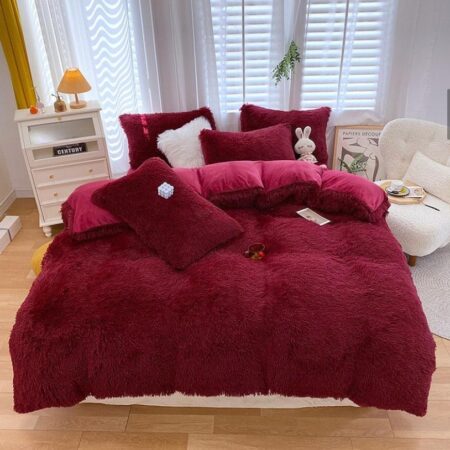 Wine Fur Duvet Set 4 by 6, 6 by 6, 6 by 7, 7 by 7 Sizes, Fluffy Soft Warm and Lush Wine Fur Duvet + Bedsheet and Pillowcases Set