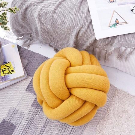 Soft Fluffy Ball Knot Throw Pillow, Handmade 3 Strand Throw Pillow Cushion for Decoration Sofa Bed Offices Room Home Decor Comfortable Yellow Knot Pillow