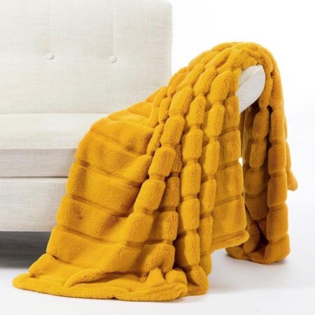 Yellow Striped Faux Fur Throw Blanket - Super Lush, Body Friendly, Comfortable Blanket for Bed, Couch, Sofa