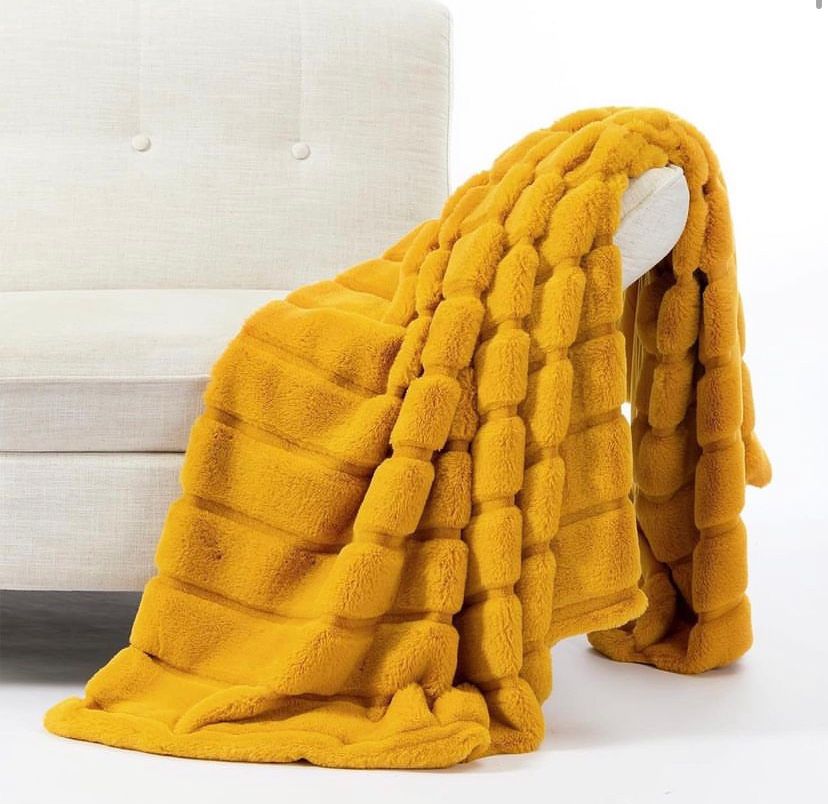 Yellow Striped Faux Fur Throw Blanket - Super Lush, Body Friendly, Comfortable Blanket for Bed, Couch, Sofa