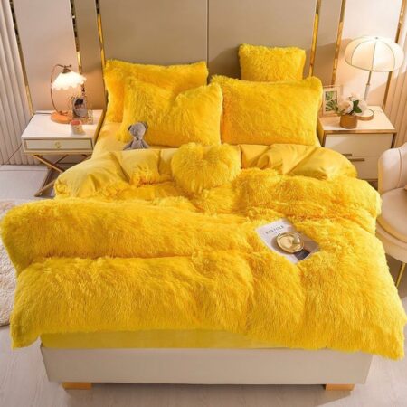 Fluffy Faux Fur Duvet Complete Set- Super Soft Lush and Very Plush Duvet +Bedspread and Matching Pillowcases (Sizes: 4 by 6, 6 by 6, 6 by 7, 7 by 7) Yellow