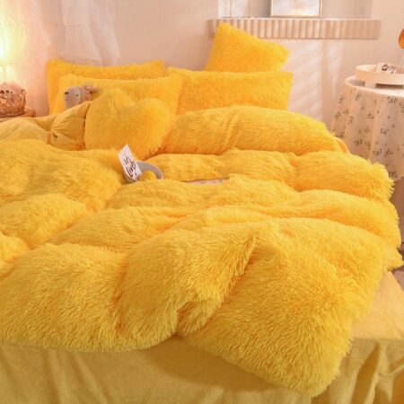 Yellow Fur Duvet set 4 by 6, 6 by 6, 6 by 7, 7 by 7 Sizes, Ultra Soft and Lush Faux Fur 4/6 Pieces Bedding Set Including (1 Fluffy Soft Duvet, 1 Bedspread and 2/4 Pillowcases Set)