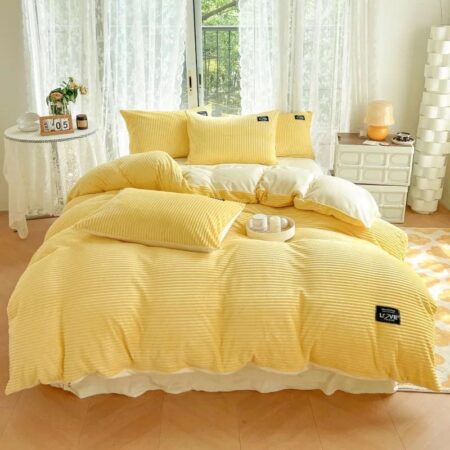 Coral Duvet Cover Velvet Thick Warm Flannel Complete Duvet Set, 5-7 Pieces Yellow Stripe Duvet with Duvet Cover Bedspread and Matching Pillowcases Set (4 by 6, 6 by 6, 6 by 7, 7 by 7)