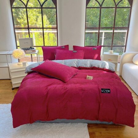 Cherry red stripe fur bedding set