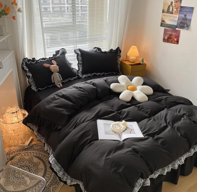 Luxurious Premium Black Ruffle Lace Duvet Cover Set - Ultra Soft and Breathable 100% Pure Cotton 5/7 Pcs 1 Double Padded Duvet, 1 Duvet Cover, 1 Bedspread, 2/4 Matching Pillowcases Set in 4by6/ 6by6/ 6by7/ 7by7 Sizes - Image 5