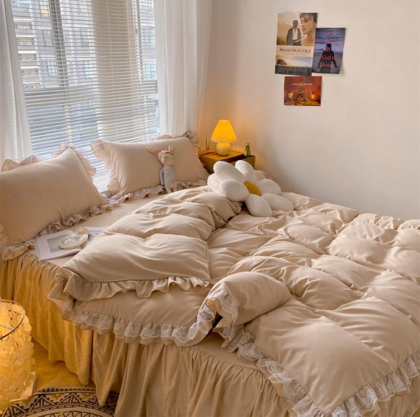 Luxurious Premium Ruffle Lace Duvet Cover Set - Ultra Soft and Breathable 100% Pure Cotton 5/7 Pcs 1 Double Padded Duvet, 1 Duvet Cover, 1 Bedspread, 2/4 Matching Pillowcases Set in 4by6/ 6by6/ 6by7/ 7by7 Sizes - Image 5