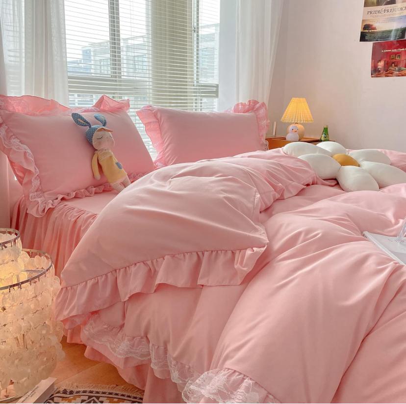 pink ruffle shirt duvet