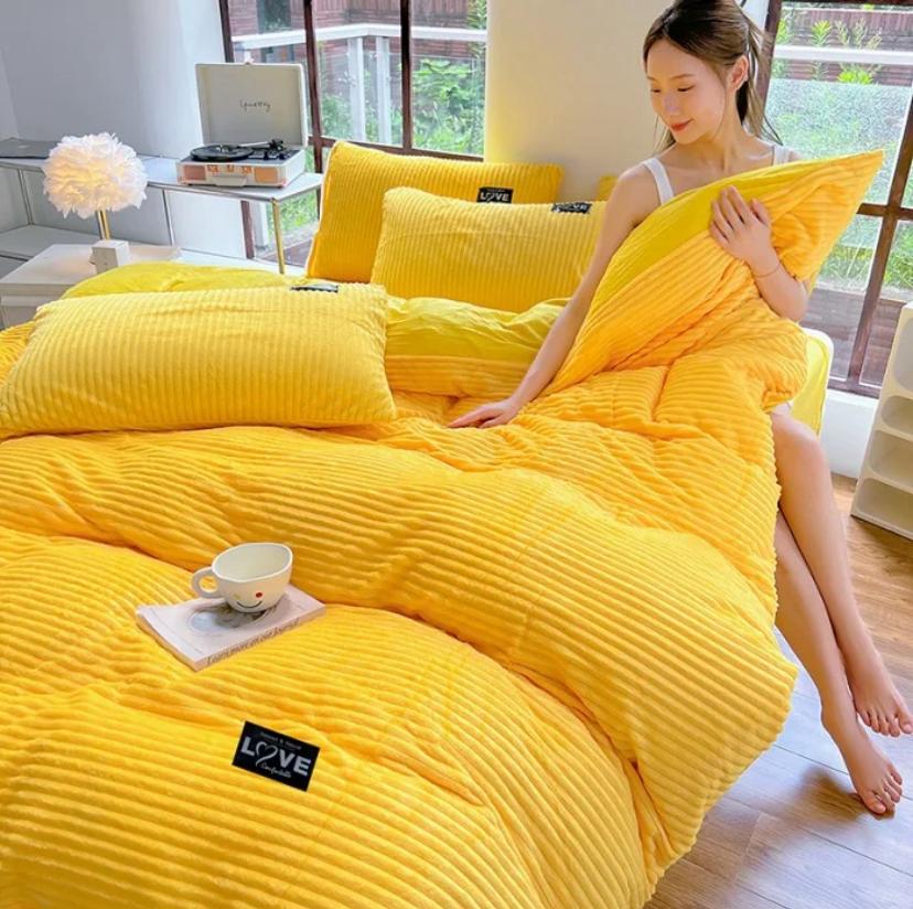 Yellow Stripe Fur Bedding Set – Luxuriously Soft, Stylish, and Cozy for a Glamorous Bedroom Upgrade 5/7 Piece Set 1 Double Padded Duvet, 1 Duvet Cover, 1 Flat Sheet and 2/4 Pillowcases (4by6/ 6by6/ 6by7/ 7by7 Sizes) - Image 2
