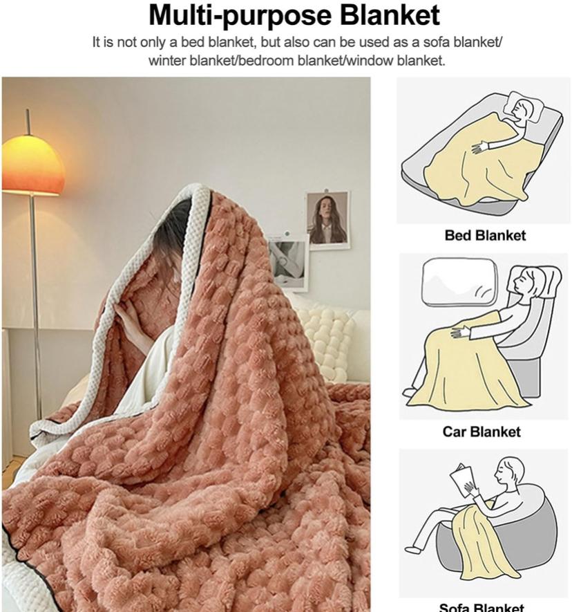 Faux Fur Throw Blanket, Fuzzy Soft Thick Bubble Blanket for Sofa Bed Bedroom Living Room, Cozy Warm Fleece Flannel Blanket (180 by 200cm/ Caramel) - Image 2