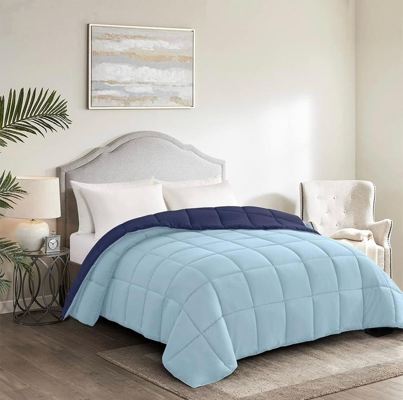 Reversible Duvet Set - 4/6 Piece Box Stitched Soft and Breathable Quilted Duvet with Bedsheet and Pillowcases Set, 4by6/ 6by6/ 6by7/ 7by7 Sizes, Dark Blue/Light Blue - Image 3