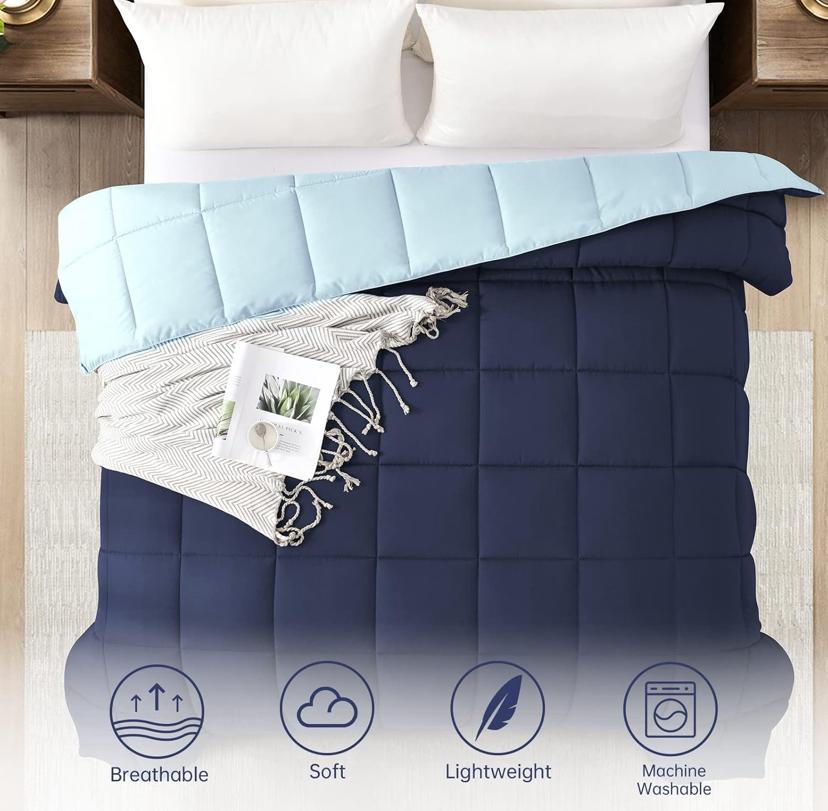 Reversible Duvet Set - 4/6 Piece Box Stitched Soft and Breathable Quilted Duvet with Bedsheet and Pillowcases Set, 4by6/ 6by6/ 6by7/ 7by7 Sizes, Dark Blue/Light Blue - Image 2