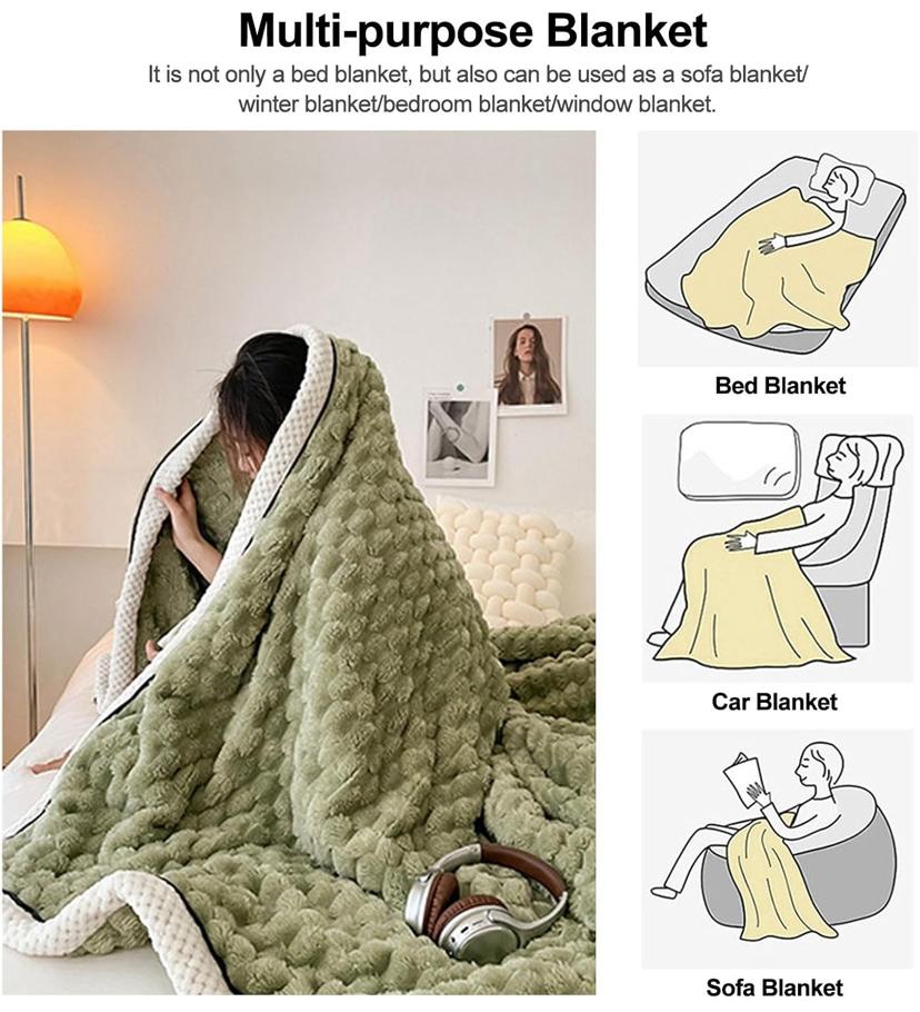 Faux Fur Throw Blanket, Fuzzy Soft Thick Bubble Blanket for Sofa Bed Bedroom Living Room, Cozy Warm Fleece Flannel Blanket (180 by 200cm/ Green) - Image 3