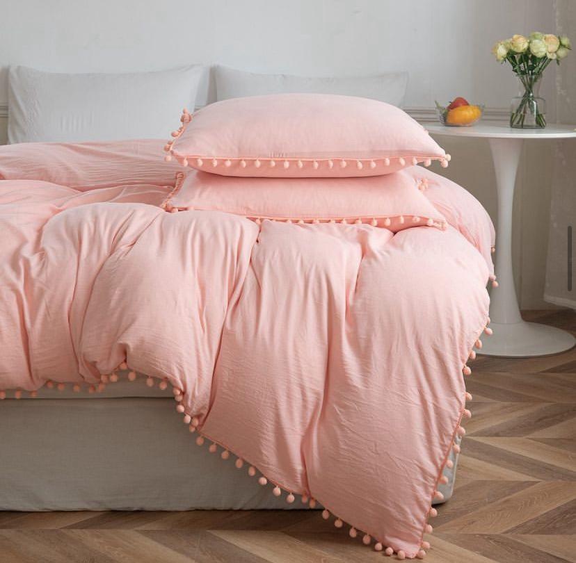 Pom Pom Duvet and Duvet Cover Set - 5/7 Piece Hotel Quality Soft Breathable Polish Cotton Bedding Set (Peach Pink, 4by6/ 6by6/ 6by7/ 7by7 Sizes) - Image 3