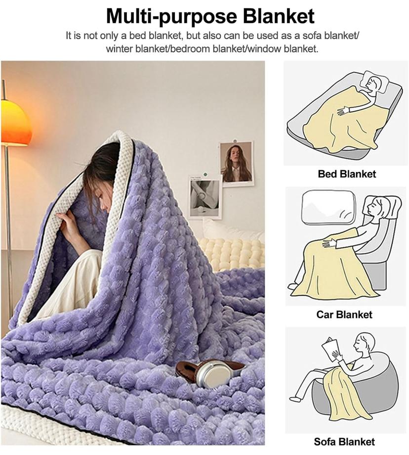 Faux Fur Throw Blanket, Fuzzy Soft Thick Bubble Blanket for Sofa Bed Bedroom Living Room, Cozy Warm Fleece Flannel Blanket (180 by 200cm/ Purple) - Image 2
