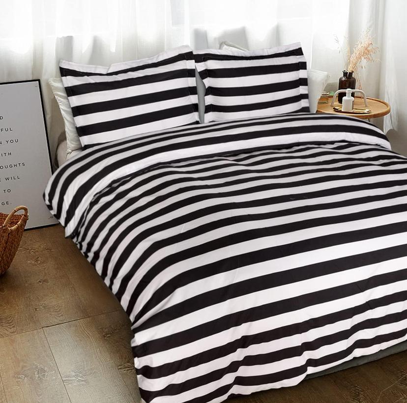 white and black striped bedding set