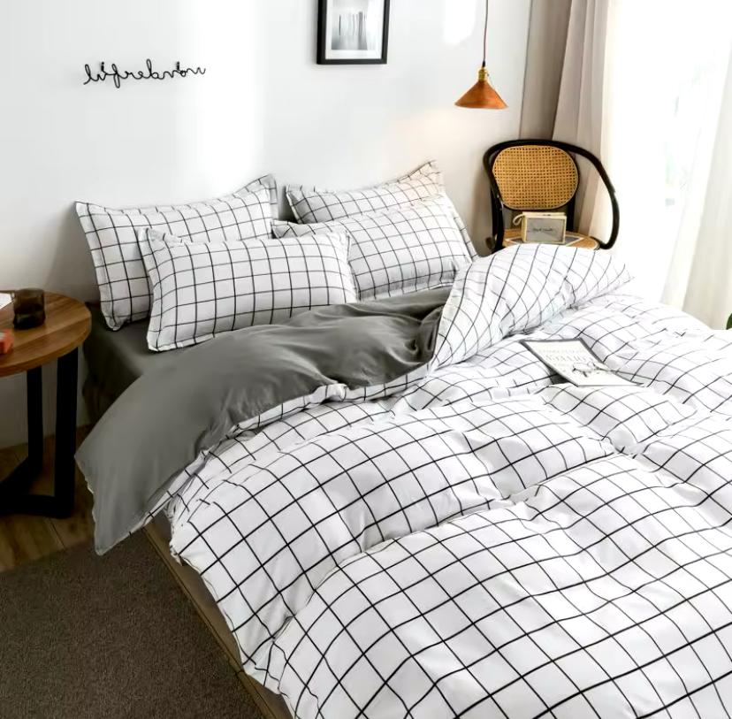 White Plaid Duvet Set - Cozy Soft, Durable and Breathable Grid Quilted 1 Duvet with 1 Bedsheet and 2/4 Pillowcases (4by6/ 6by6/ 6by7/ 7by7 Sizes) - Image 2